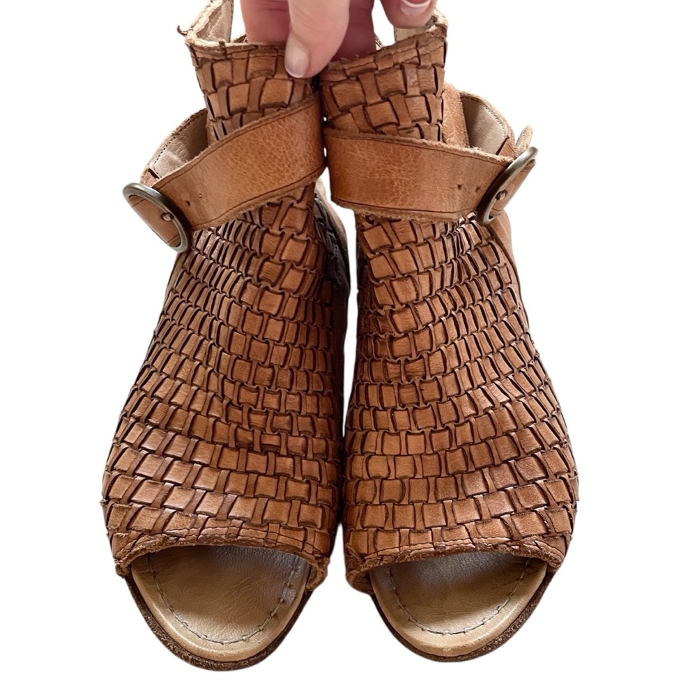 FAUZIAN JEUNESSE Woven Peep Toe Ankle Sandals Tan Size EU 36/US 36.5